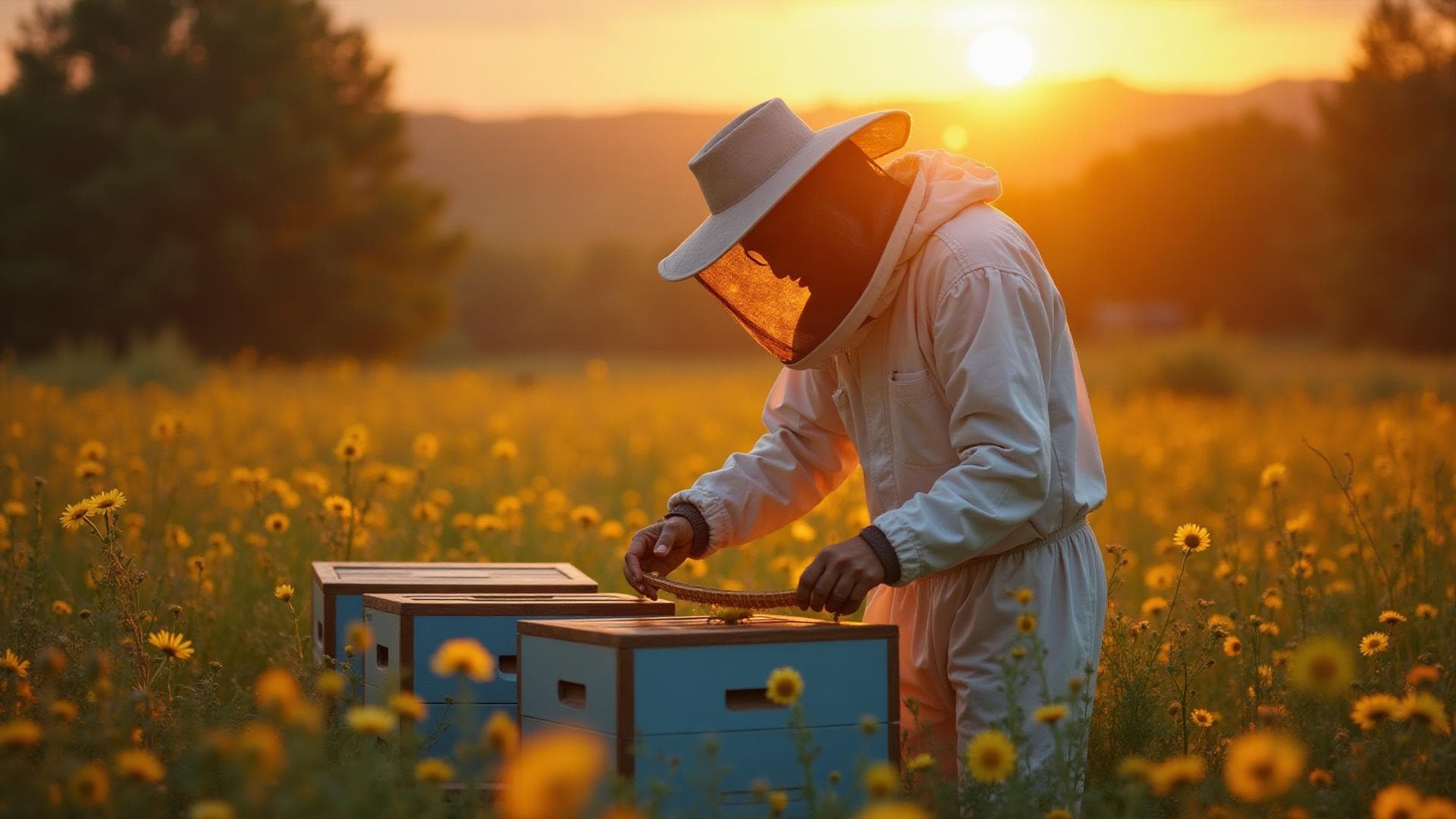 Beekeeper tending to hives